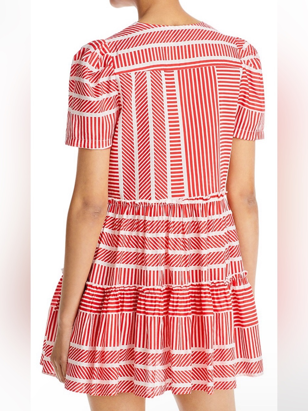 Aqua Puff Sleeve Red and White Striped Tiered V-Neck Mini Dress. Pre-Owned. - Picture 3 of 10